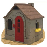 Huitich wooden playhouse with slide featuring a red door and realistic stone design
